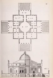 Plan und Querschnitt der Villa Rotunda, Illustration aus einer Faksimileausgabe von 
